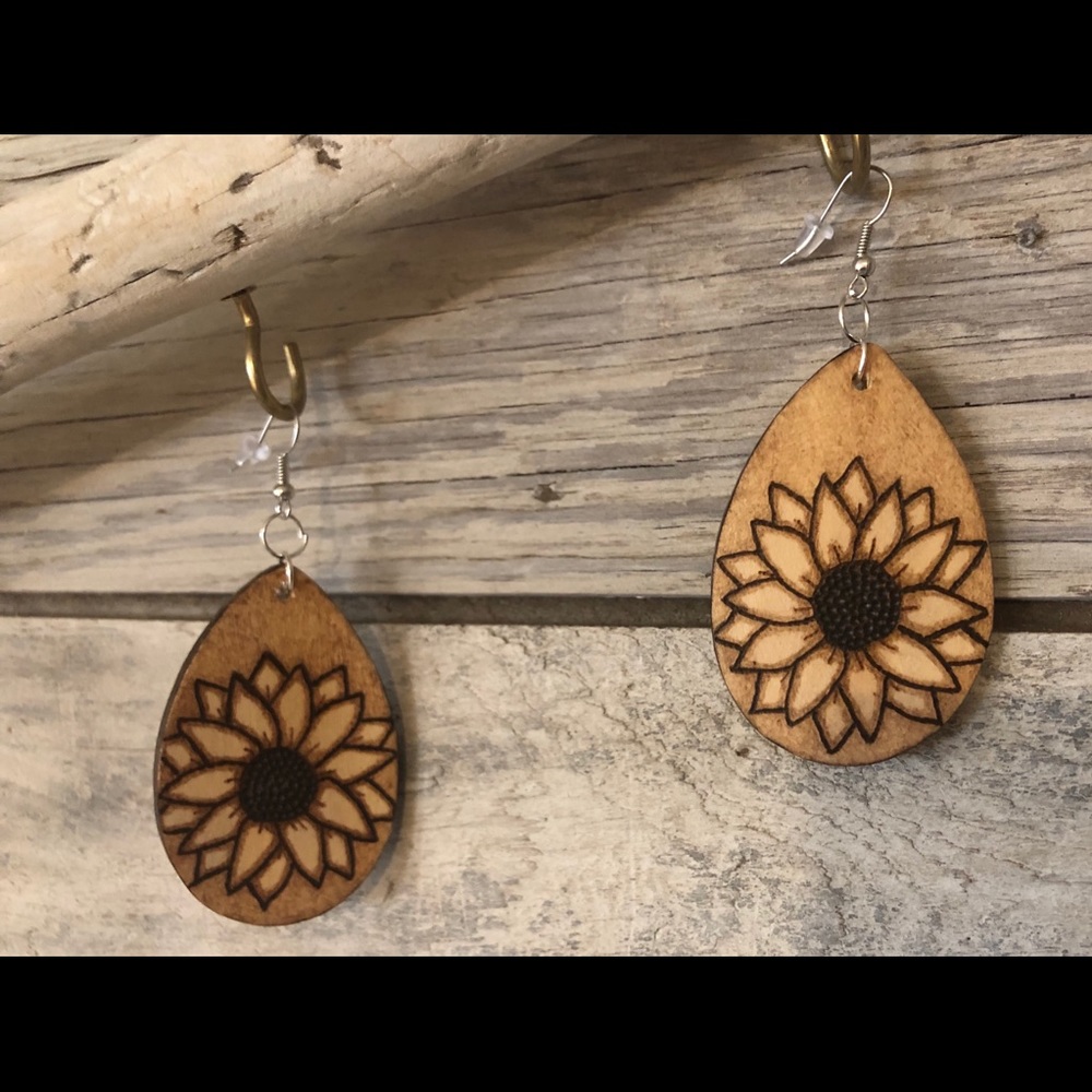 Sunflower wood burned earrings